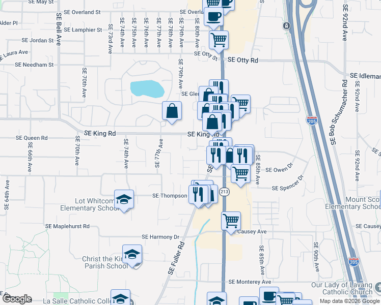 map of restaurants, bars, coffee shops, grocery stores, and more near 7918 Southeast King Road in Milwaukie