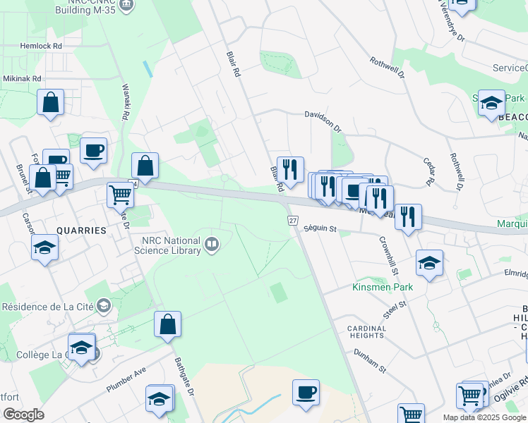 map of restaurants, bars, coffee shops, grocery stores, and more near 1200 Montreal Road in Ottawa