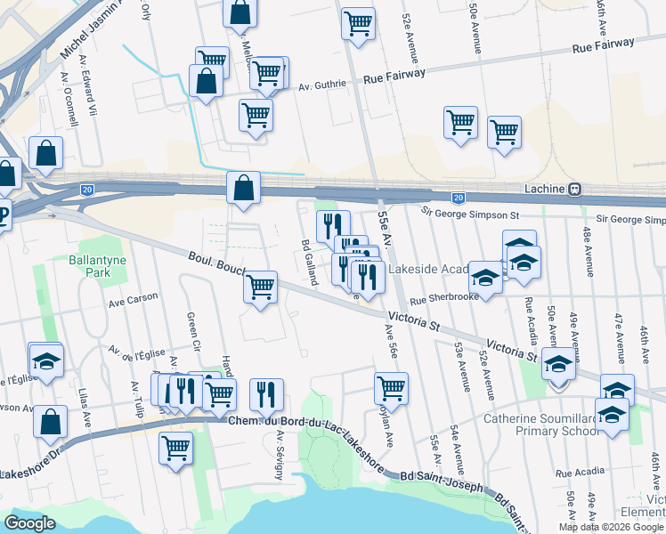 map of restaurants, bars, coffee shops, grocery stores, and more near 40 Avenue Marian in Dorval