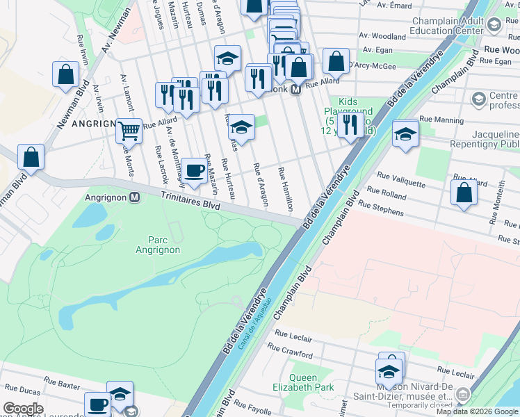 map of restaurants, bars, coffee shops, grocery stores, and more near 2725 Boulevard des Trinitaires in Montréal
