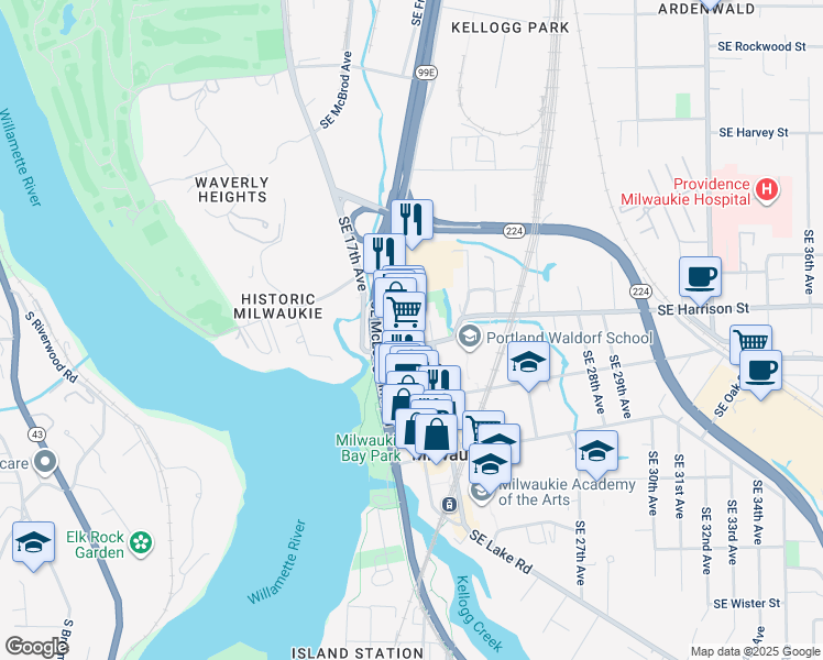 map of restaurants, bars, coffee shops, grocery stores, and more near in Milwaukie