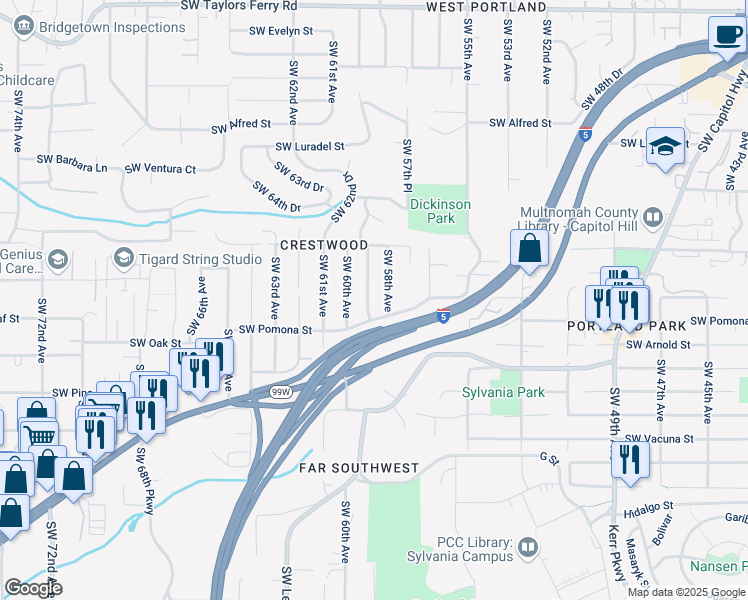 map of restaurants, bars, coffee shops, grocery stores, and more near 11022 Southwest 59th Avenue in Portland