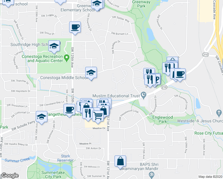 map of restaurants, bars, coffee shops, grocery stores, and more near 10353 Southwest Trapper Terrace in Beaverton