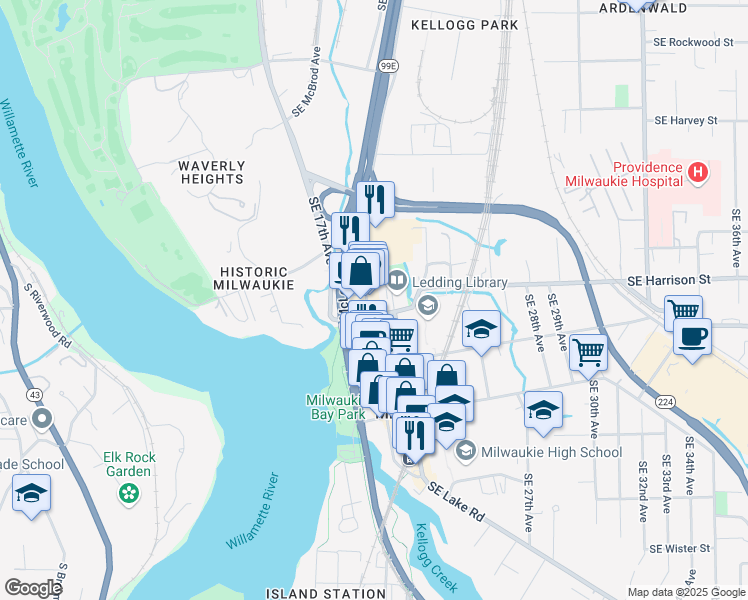map of restaurants, bars, coffee shops, grocery stores, and more near in Milwaukie
