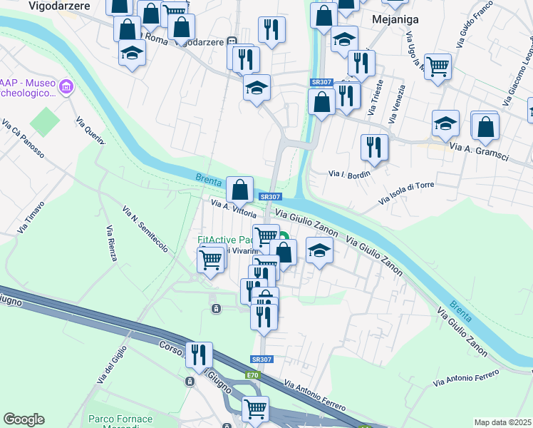 map of restaurants, bars, coffee shops, grocery stores, and more near 156 Via Pontevigodarzere in Padova