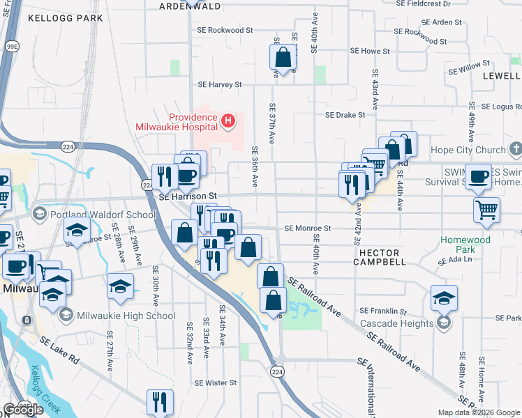 map of restaurants, bars, coffee shops, grocery stores, and more near 10670 Southeast 36th Avenue in Milwaukie