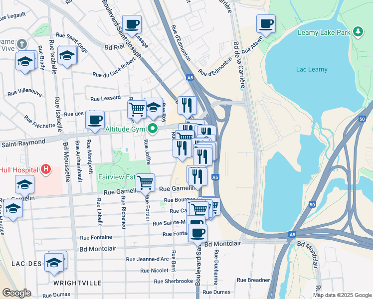 map of restaurants, bars, coffee shops, grocery stores, and more near 425 Boulevard Saint-Joseph in Gatineau