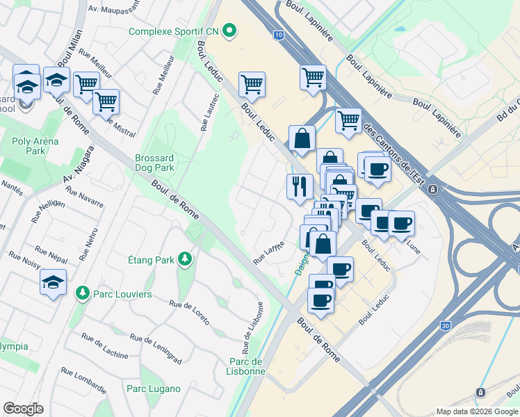 map of restaurants, bars, coffee shops, grocery stores, and more near 7760 Rue Lebourg in Brossard