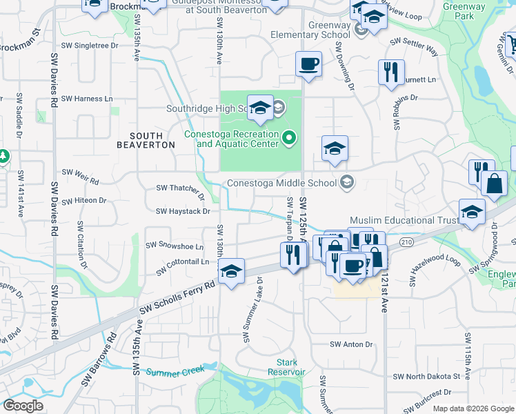 map of restaurants, bars, coffee shops, grocery stores, and more near 10230 Southwest Clydesdale Terrace in Beaverton