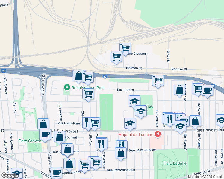 map of restaurants, bars, coffee shops, grocery stores, and more near 2300 Duff Court Street in Montreal