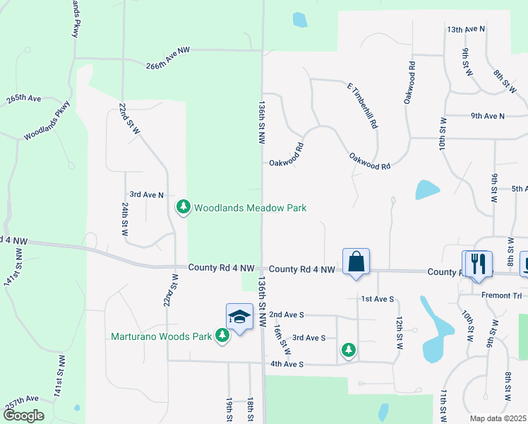 map of restaurants, bars, coffee shops, grocery stores, and more near 26237 136th Street Northwest in Zimmerman