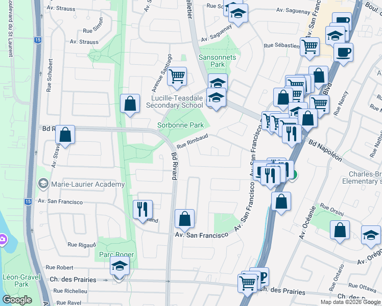 map of restaurants, bars, coffee shops, grocery stores, and more near 8165 Rue Renard in Brossard