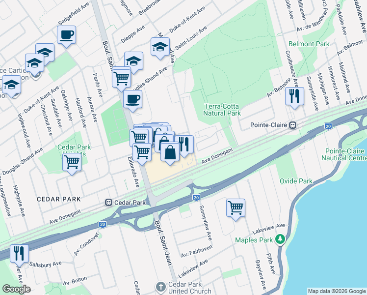 map of restaurants, bars, coffee shops, grocery stores, and more near 10 Avenue Vermont in Pointe-Claire