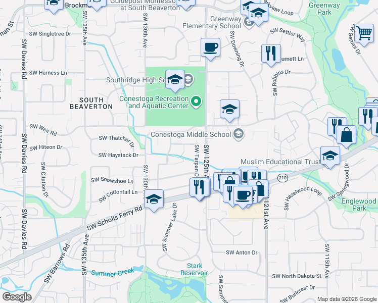 map of restaurants, bars, coffee shops, grocery stores, and more near 10305 Southwest Tarpan Drive in Beaverton