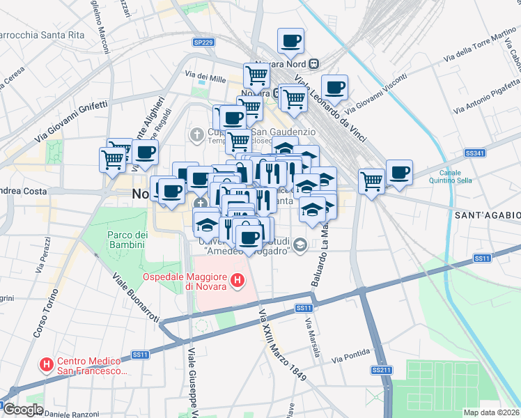 map of restaurants, bars, coffee shops, grocery stores, and more near 7-13 Via dei Tornielli in Novara