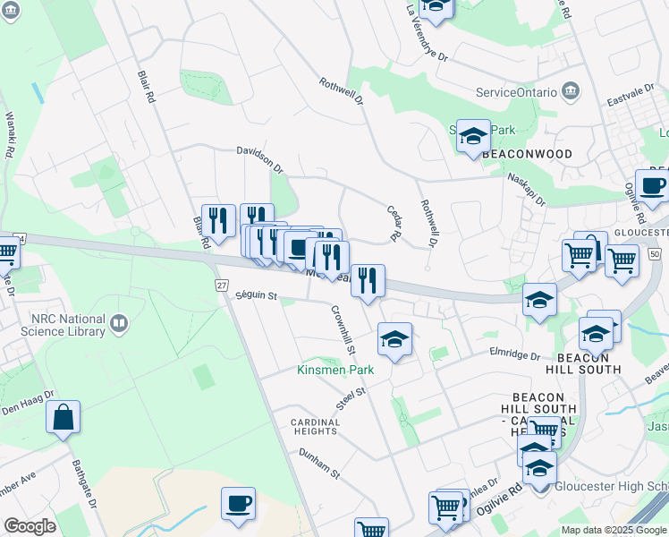 map of restaurants, bars, coffee shops, grocery stores, and more near 1745 Ottawa 34 in Ottawa