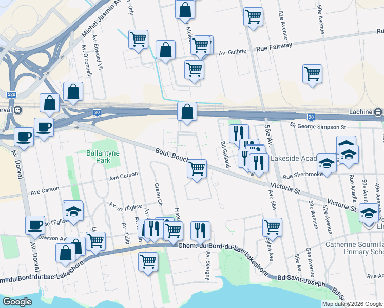map of restaurants, bars, coffee shops, grocery stores, and more near 171 Boulevard Bouchard in Dorval