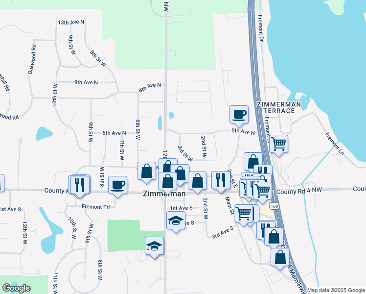 map of restaurants, bars, coffee shops, grocery stores, and more near 26210 3rd Street West in Zimmerman