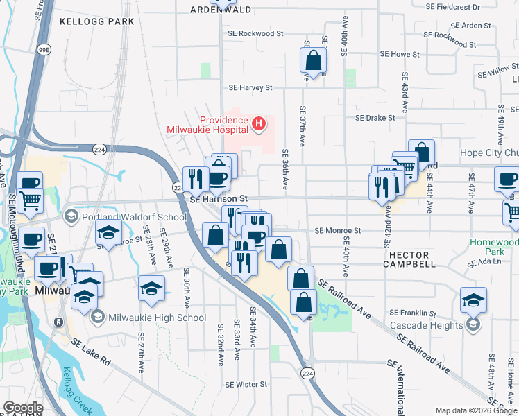 map of restaurants, bars, coffee shops, grocery stores, and more near 3339 Southeast Monroe Street in Milwaukie