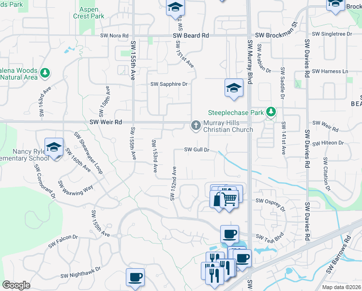 map of restaurants, bars, coffee shops, grocery stores, and more near 10275 Southwest Gull Place in Beaverton