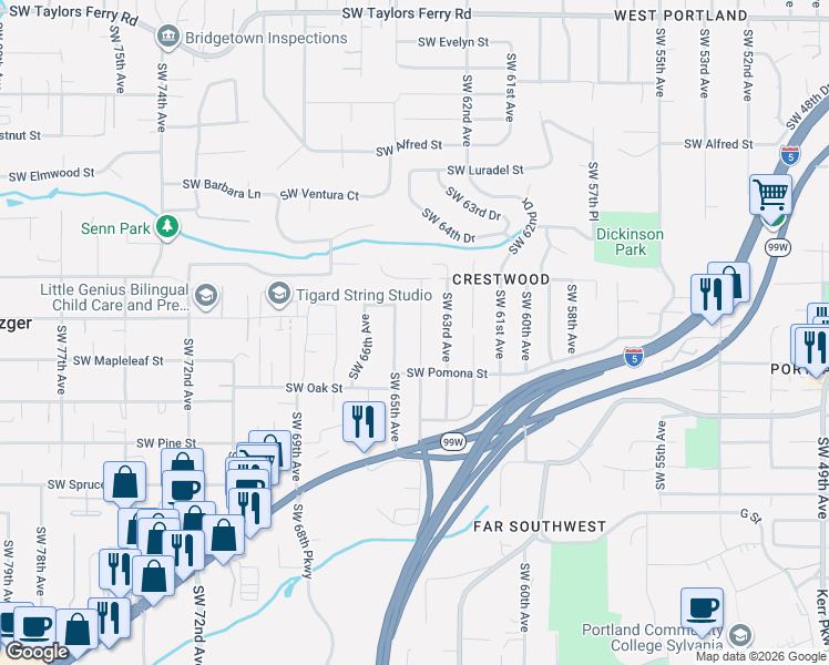 map of restaurants, bars, coffee shops, grocery stores, and more near 11022 Southwest 65th Avenue in Portland