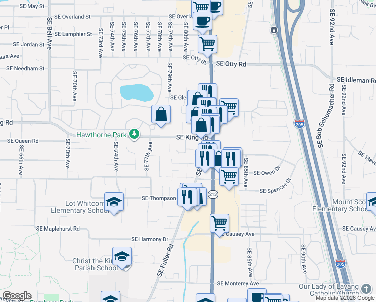 map of restaurants, bars, coffee shops, grocery stores, and more near 7918 Southeast King Road in Milwaukie