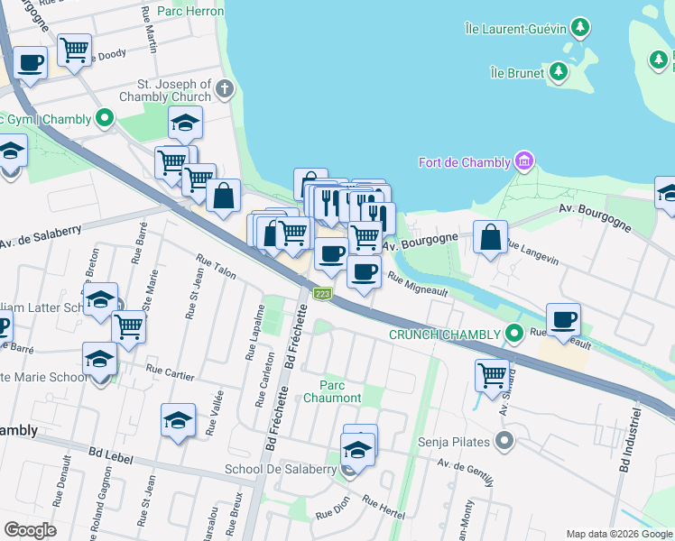 map of restaurants, bars, coffee shops, grocery stores, and more near Rue Ostiguy in Chambly