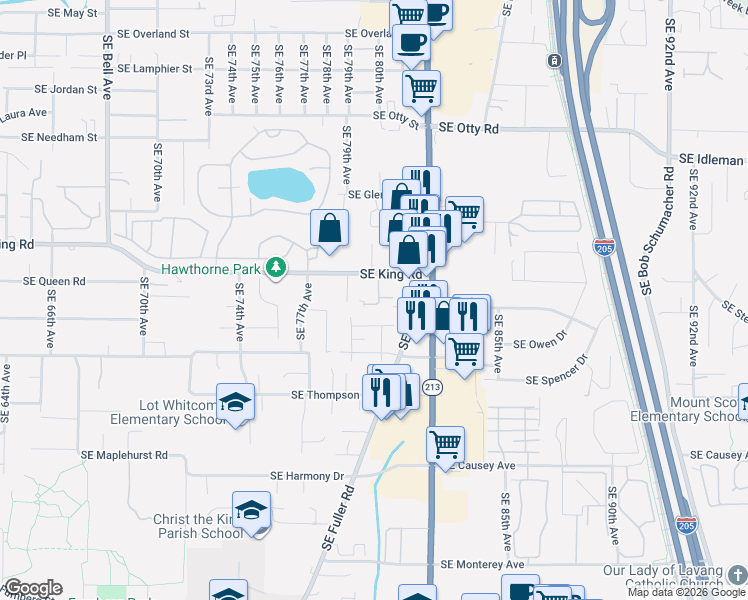 map of restaurants, bars, coffee shops, grocery stores, and more near 7918 Southeast King Road in Milwaukie