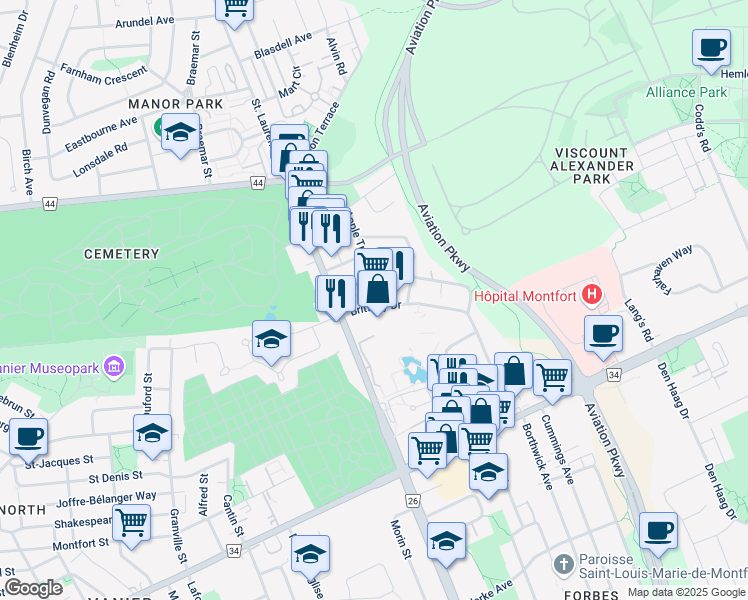 map of restaurants, bars, coffee shops, grocery stores, and more near 307 Brittany Drive in Ottawa