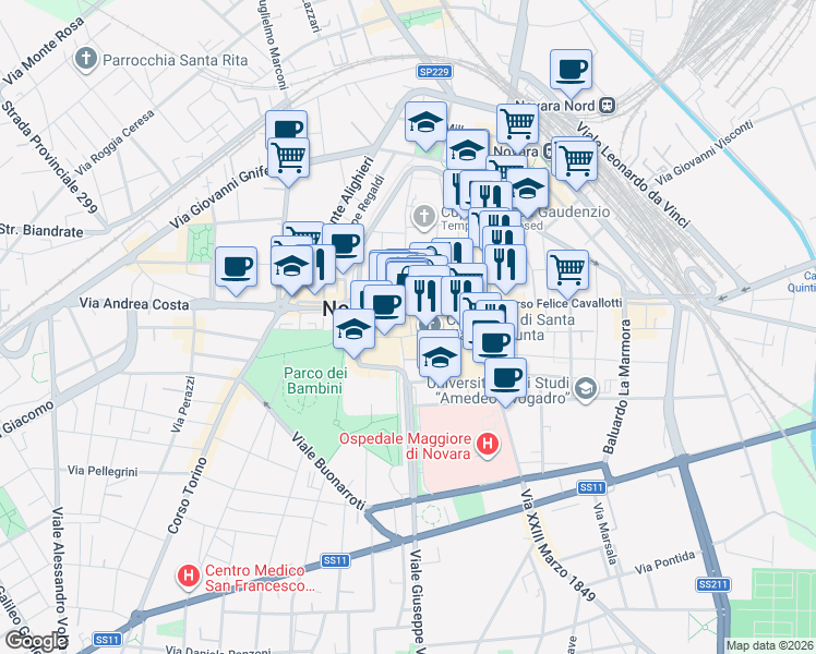 map of restaurants, bars, coffee shops, grocery stores, and more near 2-12 Via San Gaudenzio in Novara