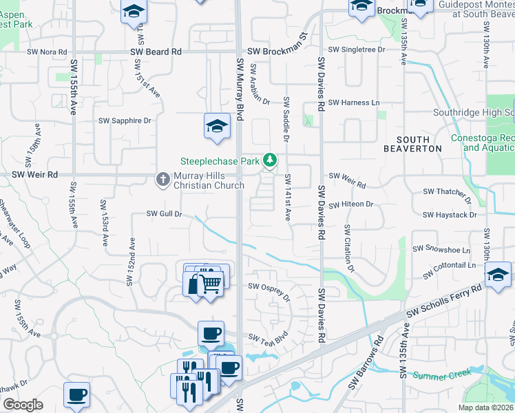map of restaurants, bars, coffee shops, grocery stores, and more near 14395 Southwest Equestrian Lane in Beaverton