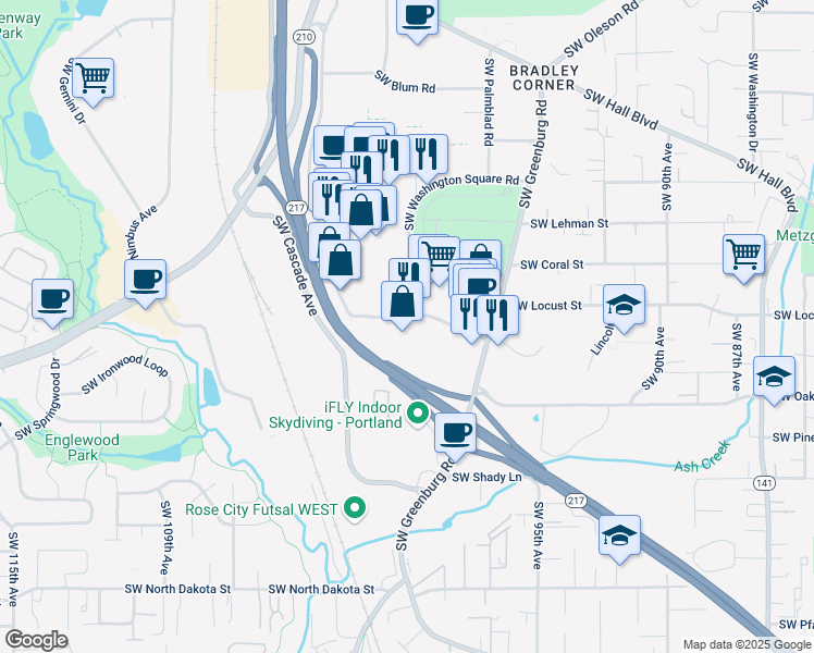 map of restaurants, bars, coffee shops, grocery stores, and more near 9800 Southwest Washington Square Road in Tigard