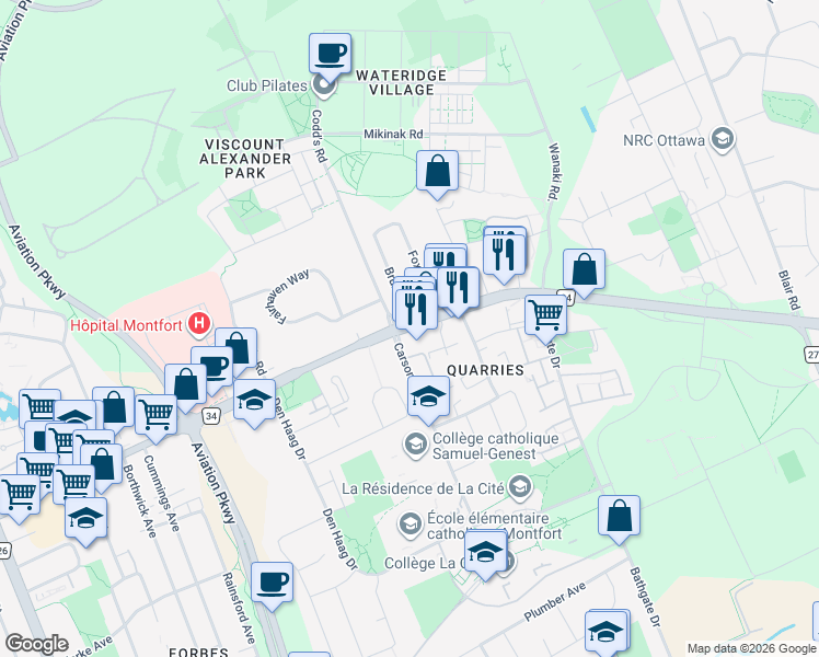 map of restaurants, bars, coffee shops, grocery stores, and more near Montreal Road in Ottawa