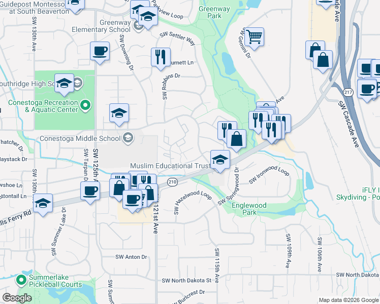map of restaurants, bars, coffee shops, grocery stores, and more near 10076 Southwest Trapper Terrace in Beaverton