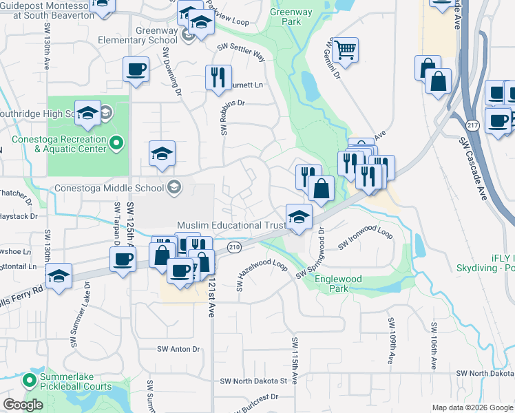 map of restaurants, bars, coffee shops, grocery stores, and more near 10076 Southwest Trapper Terrace in Beaverton
