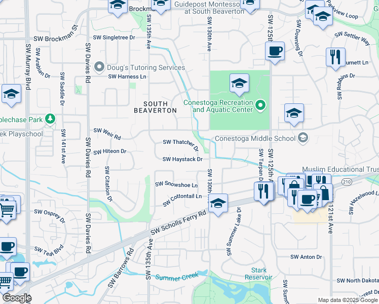 map of restaurants, bars, coffee shops, grocery stores, and more near 13175 Southwest Thatcher Drive in Beaverton