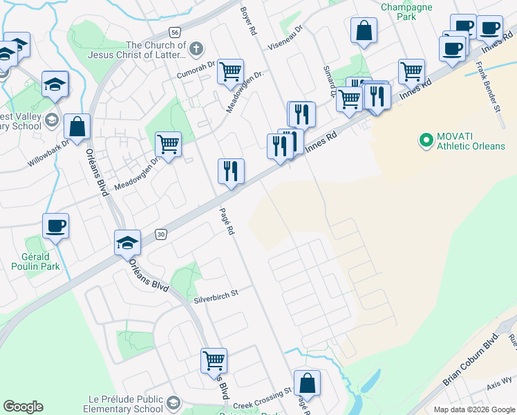 map of restaurants, bars, coffee shops, grocery stores, and more near in Ottawa