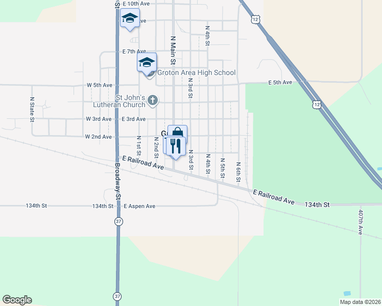 map of restaurants, bars, coffee shops, grocery stores, and more near 101 North 3rd Street in Groton