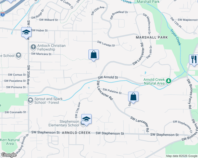 map of restaurants, bars, coffee shops, grocery stores, and more near 2313 Southwest Arnold Street in Portland