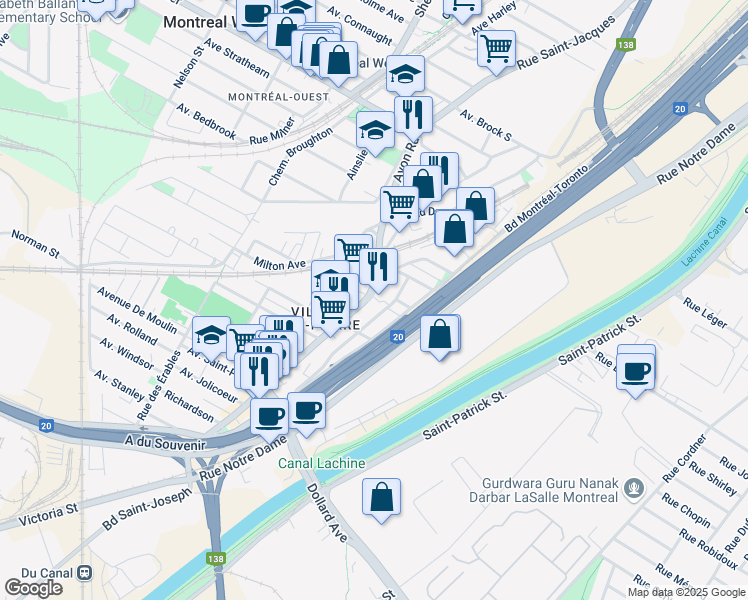 map of restaurants, bars, coffee shops, grocery stores, and more near 60 Avenue Vincent in Montréal