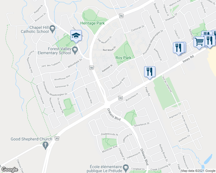 map of restaurants, bars, coffee shops, grocery stores, and more near 6143 Arbourwood Drive in Ottawa