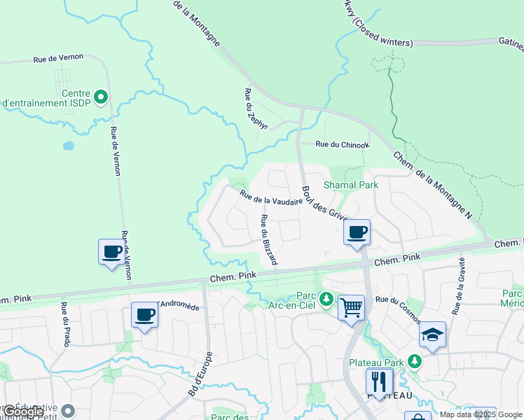 map of restaurants, bars, coffee shops, grocery stores, and more near 77 Rue du Blizzard in Gatineau