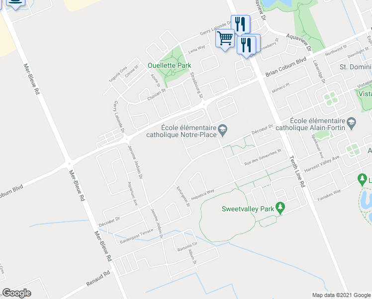 map of restaurants, bars, coffee shops, grocery stores, and more near 233 Mountain Sorrel Way in Ottawa