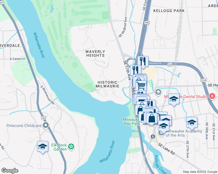 map of restaurants, bars, coffee shops, grocery stores, and more near 1611 Southeast Lava Drive in Milwaukie