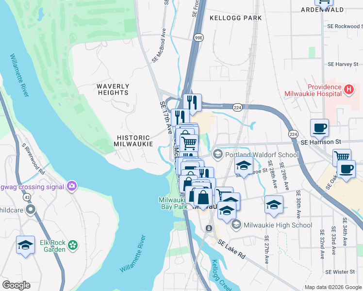 map of restaurants, bars, coffee shops, grocery stores, and more near 1925 Southeast Scott Street in Milwaukie