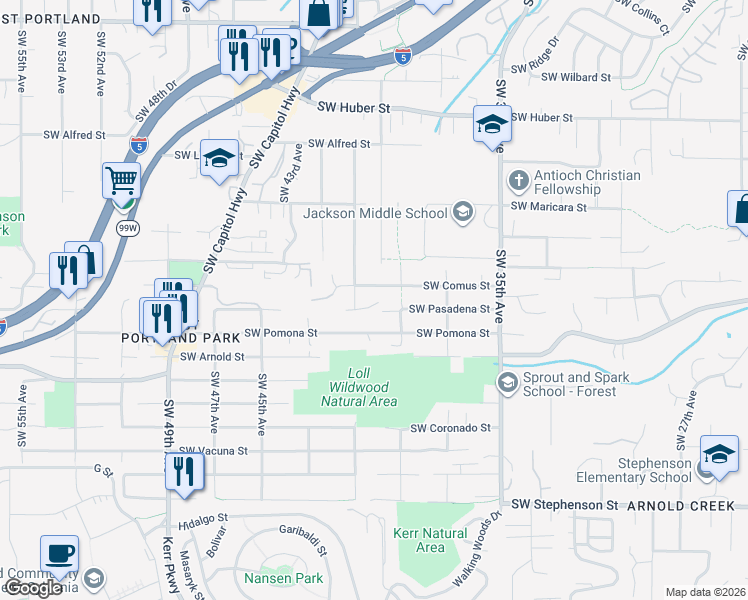map of restaurants, bars, coffee shops, grocery stores, and more near 4015 Southwest Pasadena Street in Portland
