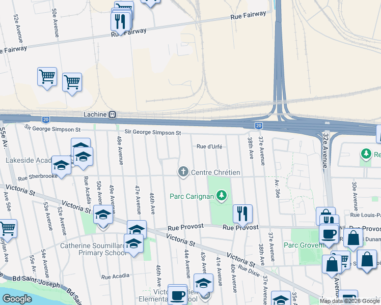 map of restaurants, bars, coffee shops, grocery stores, and more near 885 43e Avenue in Montréal