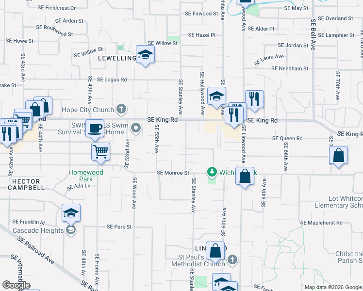 map of restaurants, bars, coffee shops, grocery stores, and more near 10515 Southeast Stanley Avenue in Milwaukie