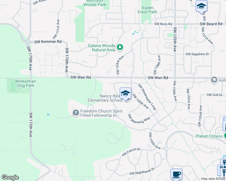 map of restaurants, bars, coffee shops, grocery stores, and more near 16390 Southwest Turtledove Lane in Beaverton