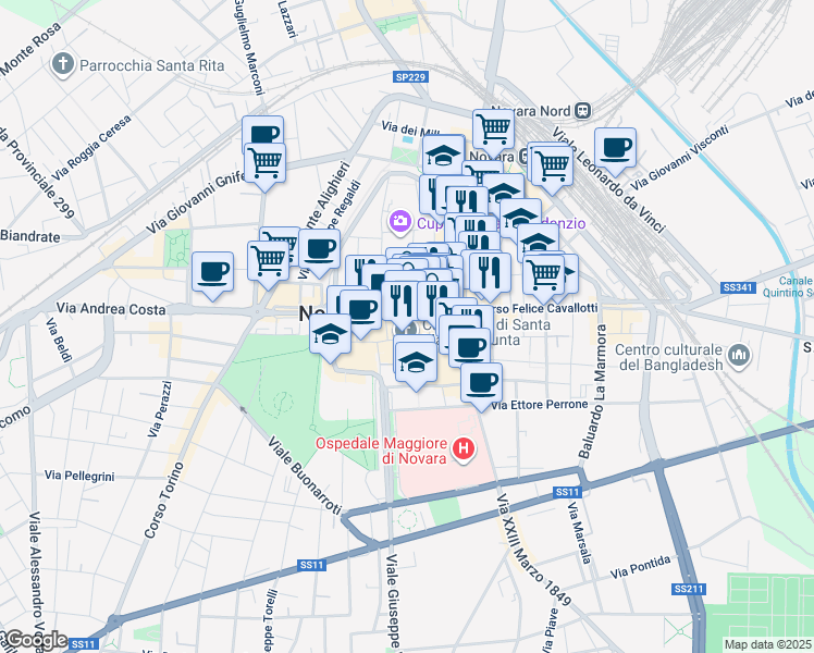 map of restaurants, bars, coffee shops, grocery stores, and more near 10 Via Giuseppe Omar in Novara